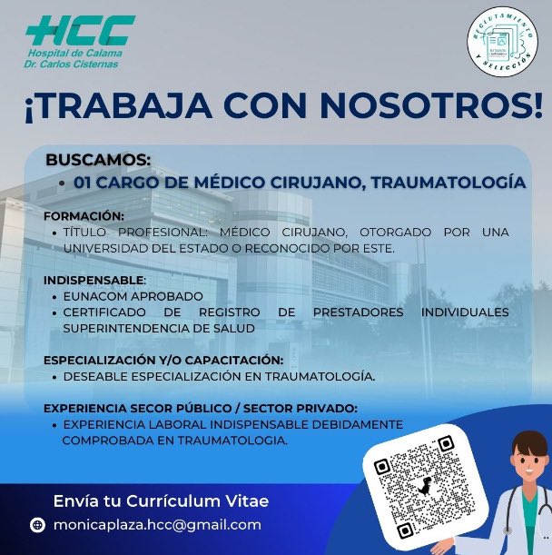 @HospitalCalamaOficial (@chospitalcalama) on Twitter photo Aviso pizarrón - 01 Médico Cirujano
Disponible desde el 24/01 hasta el 07/02.
El plazo para recepción de antecedentes es hasta el 07/02/2025, mediante el correo:
monicaplaza.hcc@gmail.com
#MédicoCirujano #Reclutamiento #HCC #Calama #trabajo #Chile Aviso pizarrón - 01 Médico Cirujano
Disponible desde el 24/01 hasta el 07/02.
El plazo para recepción de antecedentes es hasta el 07/02/2025, mediante el correo:
monicaplaza.hcc@gmail.com
#MédicoCirujano #Reclutamiento #HCC #Calama #trabajo #Chile