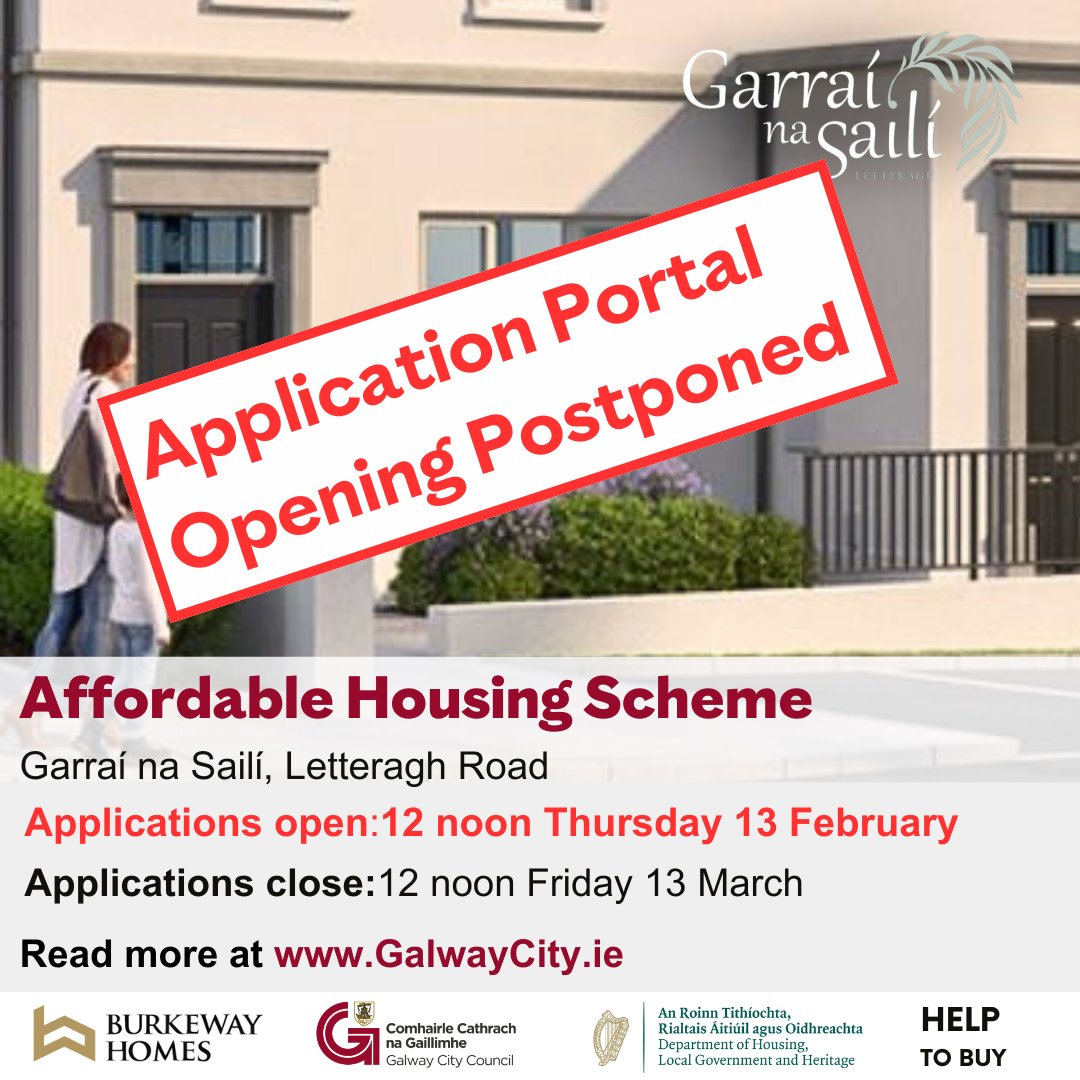 📍Garraí na Sailí Affordable Housing Scheme Application Portal Opening Postponed

Due to power and phone network outages, opening of the application portal for Garraí na Sailí Affordable Housing Scheme has been postponed to 12pm Thursday 13 February.

See GalwayCity.ie
