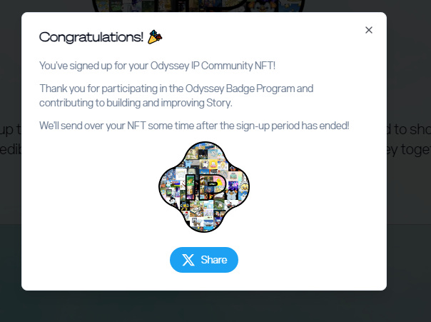 eugenecrabb's tweet photo. I just signed up for @StoryProtocol's Odyssey Community IP NFT!

Hold any Odyssey Badges? Get yours!  

Eligible criteria:
All holders of any Odyssey Badges https://t.co/wXdv7sz9Da