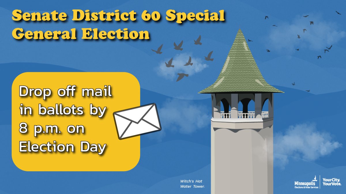 VoteMpls's tweet image. Voting by mail? Ballots must be dropped off to Minneapolis Elections & Voter Services at 980 E Hennepin or to the Hennepin County Government Center by 8 p.m. in order to be counted. Mail ballots cannot be returned to Election Day polling sites.