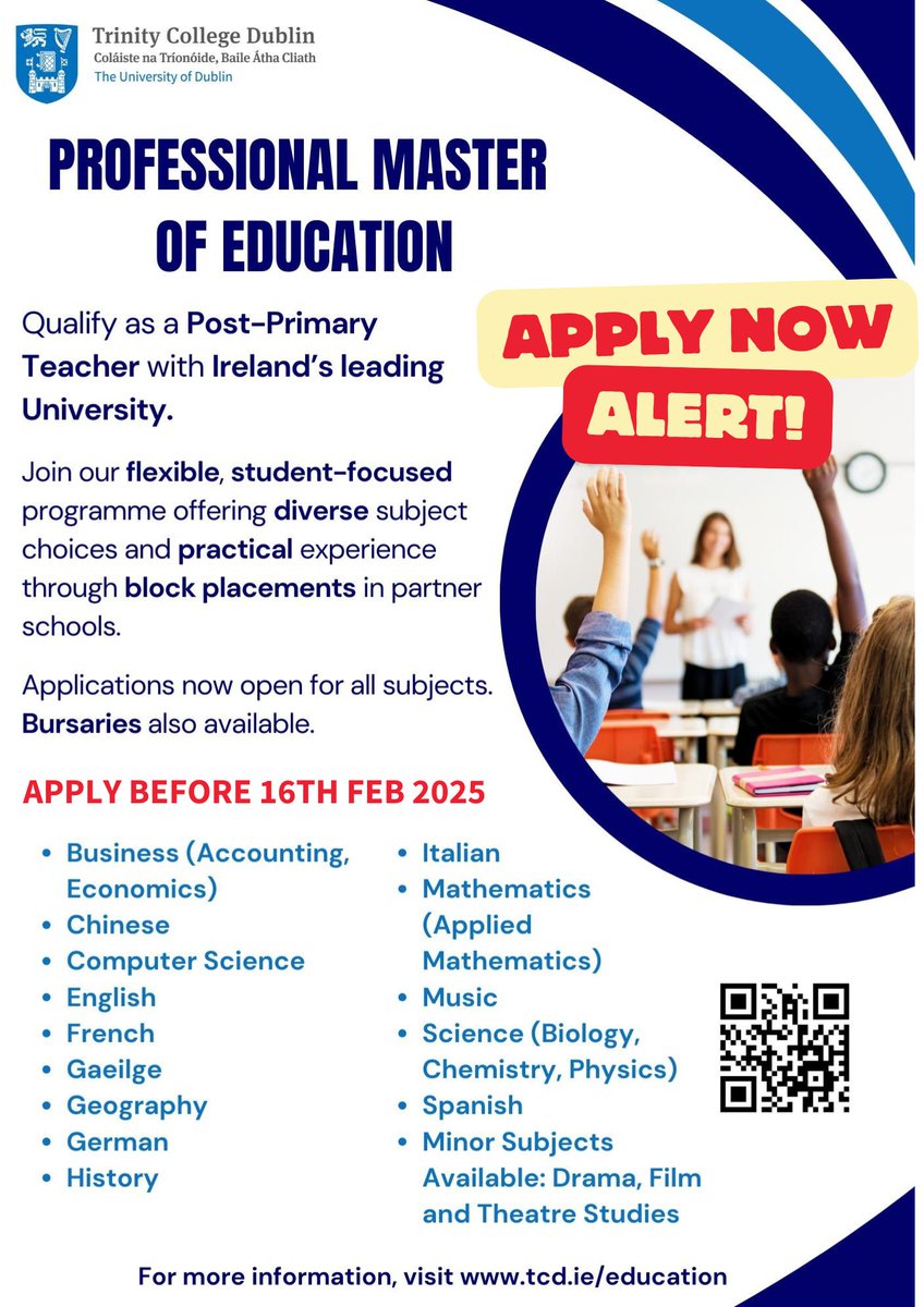 SchoolofEdTCD's tweet image. Are you considering a career as a post-primary teacher?
If you&apos;re interested in joining this rewarding profession, applications for our Professional Master of Education (PME) programme are now open.
Apply by 16th February 2025 by visiting tcd.ie/education/