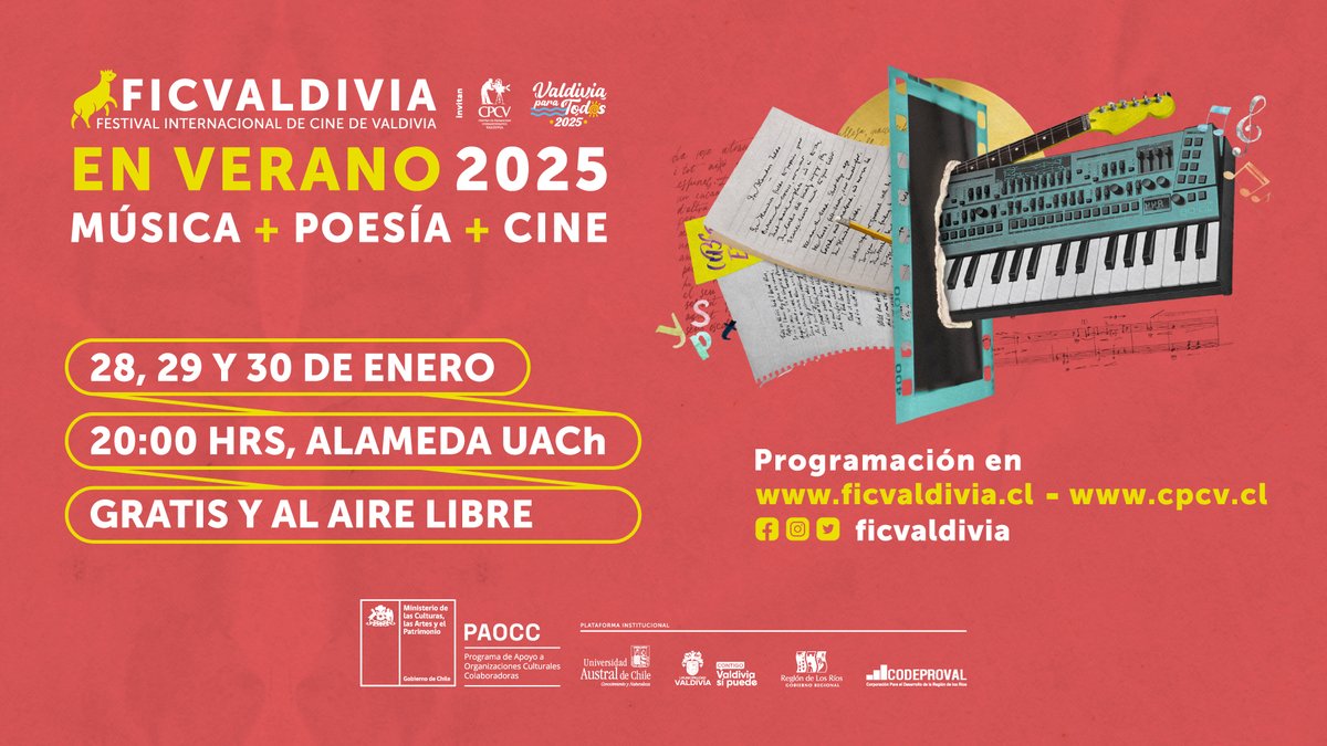 ¡Hoy comienza el ✨ FICValdivia en Verano 2025✨! Celebra con nosotros los 10 años de este ciclo con tres días de cine al aire libre, poesía y música regional.
Entrada Liberada
Revisa el programa en ficvaldivia.cl