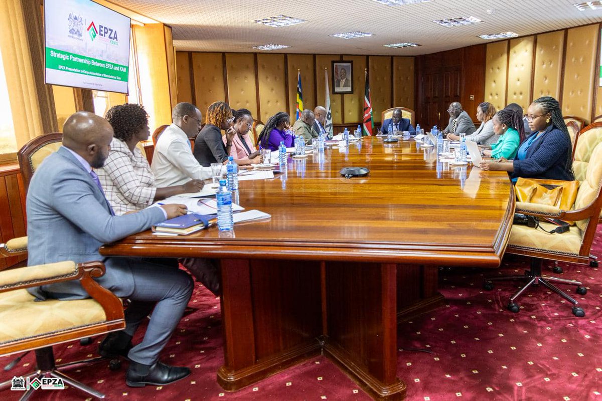 epzakenya's tweet photo. @epzakenya led by Mr. Richard Omelu, chief executive officer met a team from @KAM_Kenya  to explore potential areas of collaboration aimed at driving Kenya's industrialization and export growth.
The @KAM_Kenya delegation was led by Mr. Tobias Alando, chief executive and Ms. Miriam Bomett, head of policy, regulatory and advocacy. The discussions centered around market access for EPZ companies, with a particular focus on the extension of the African Growth and Opportunity Act (AGOA), which is crucial for sectors like apparel. Infrastructure challenges, such as water, roads, and electricity, were also discussed as critical areas for improvement. 
Mr. Omelu reaffirmed @epzakenya commitment to working with @KAM_Kenya  to boost economic growth. He highlighted the shared goal of increasing the manufacturing sector’s contribution to GDP from 7.6% to 20% by 2030, alongside attracting foreign direct investment (FDI) and promoting local procurement through backward integration @GovLeeKinyanjui @PSAhassan @AlfredKOmbudo @KenyaAuthority @MITIKenya @KenInvest @MakeItKenya