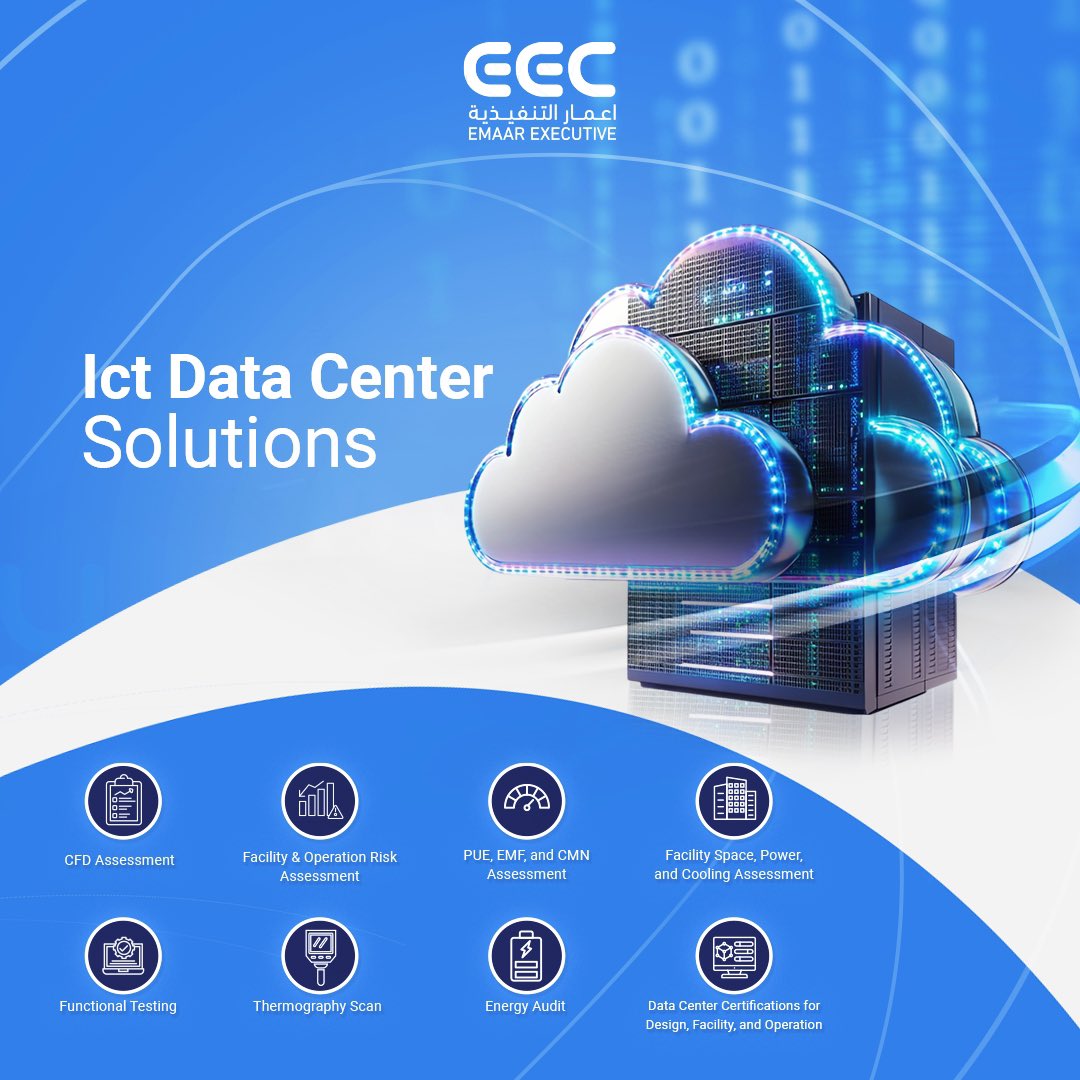 EmaarExecutive's tweet image. The data center portfolio includes the entire #Data_Center lifecycle that covers #planning, consultancy. design, complete site  preparation, implementation, optimizing, assessment, migration, and certifications. Testing and commissioning, training,  program #management, facility…
