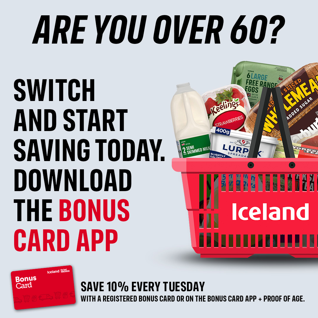 IcelandFoods's tweet photo. Did you know every Tuesday over 60s get 10% off their shop in-store when you scan your Bonus Card App and show valid ID ✅🪪

#Over60s #MoneySaving #Deals #Offers https://t.co/kBzMWmWfLI