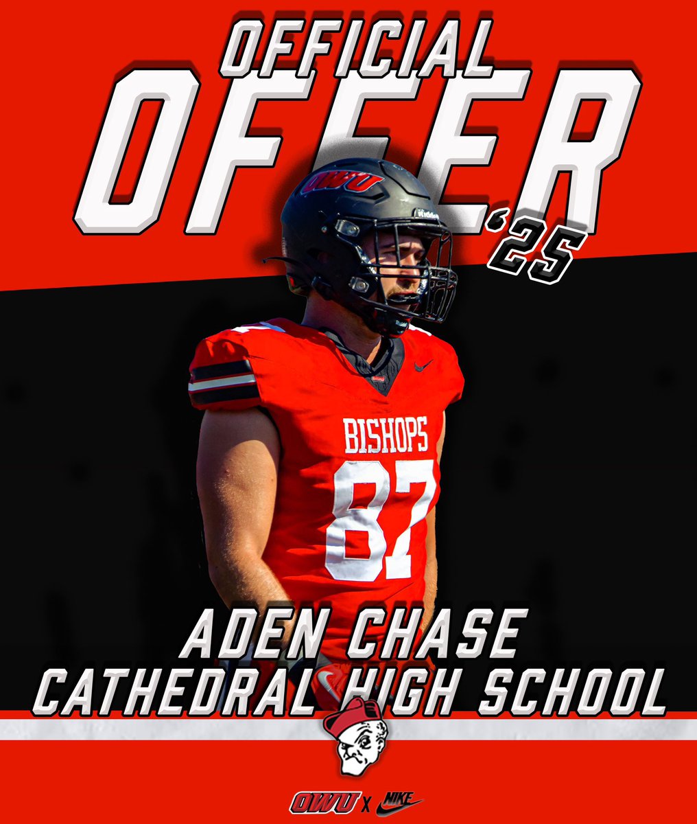 Aden Chase (@adenchase1) on Twitter photo After a great conversation with coach <a href="/owen_fankhauser/">Owen Fankhauser</a> I am blessed to receive a offer to play at <a href="/OWUBishopFB/">Ohio Wesleyan Football</a>
<a href="/CathedralFBall/">Cathedral Football</a> <a href="/Cathedral_TandF/">Cathedral Irish Track & Field</a> <a href="/CoachABarth/">Coach Barth</a> <a href="/Coachpeebs/">Bill Peebles</a> After a great conversation with coach <a href="/owen_fankhauser/">Owen Fankhauser</a> I am blessed to receive a offer to play at <a href="/OWUBishopFB/">Ohio Wesleyan Football</a>
<a href="/CathedralFBall/">Cathedral Football</a> <a href="/Cathedral_TandF/">Cathedral Irish Track & Field</a> <a href="/CoachABarth/">Coach Barth</a> <a href="/Coachpeebs/">Bill Peebles</a>
