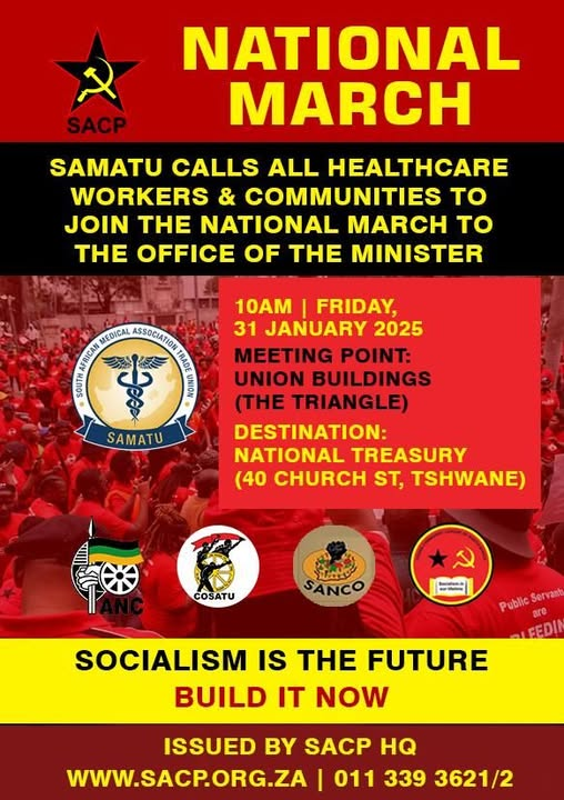 _cosatu's tweet photo. #SACP supports #SAMATU National march coming this week on Friday in Pretoria demanding employment of unemployed doctors, pharmacists, nurses and all other healthcare worker @pretorianews @GPSACP @SACP1921 https://t.co/5sMxK6RHcW