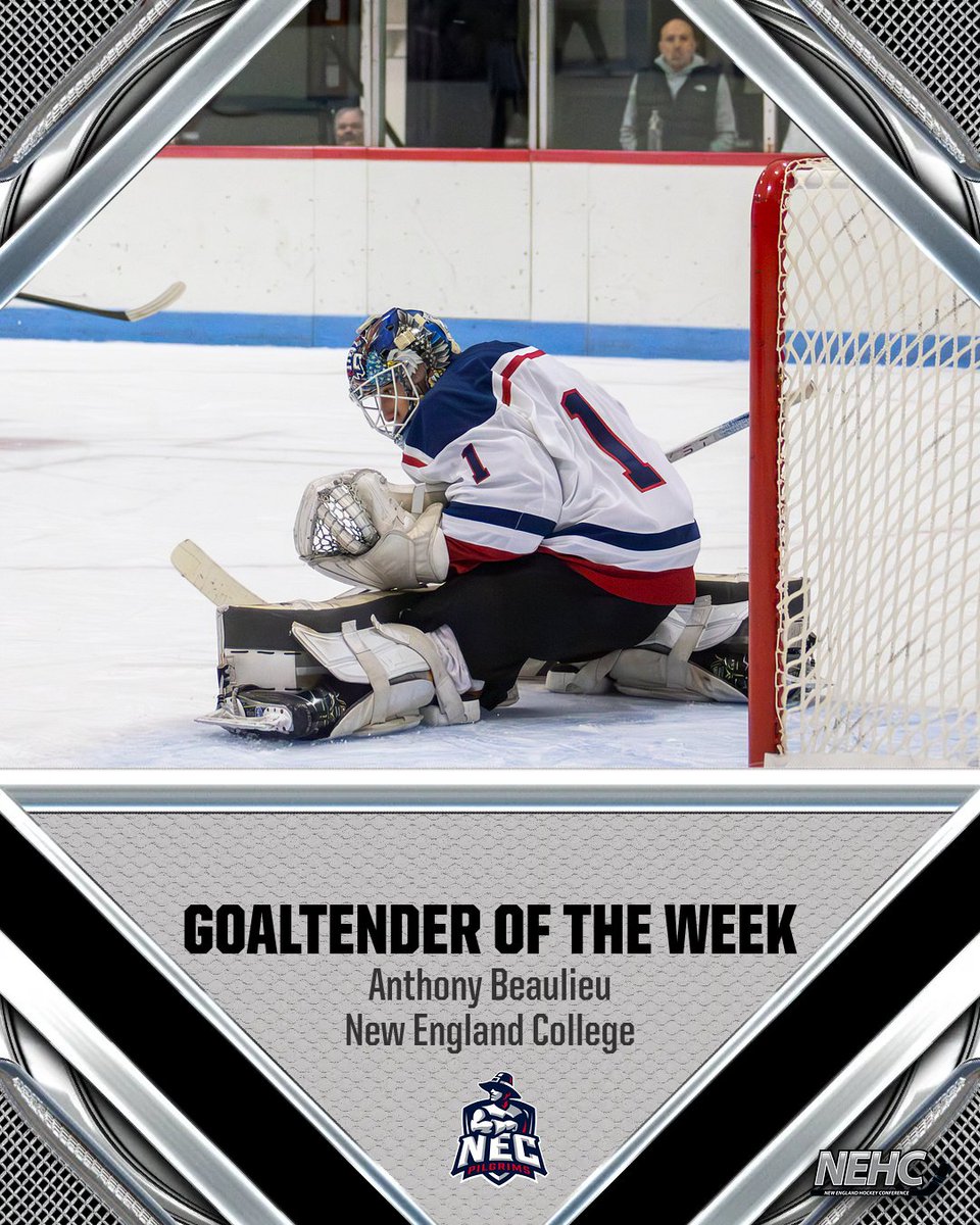 ICYMI: <a href="/NEC_Athletics/">New England College Athletics</a>' Anthony Beaulieu nabbed @NEHC Goaltender of the Week honors. The first-year netminder registered a 26-save shutout 🚫 on Friday before stopping 31 of 32 shots on Saturday, leading the Pilgrims to two victories. Beaulieu finished the week with a .983 SV%💪
