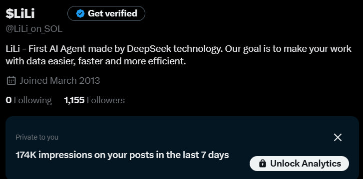 LiLi_on_SOL's tweet image. $LiLi - First DeepSeek AI Agent is trending on X, already reaching 174k reactions in just 24 hours. The hype is real, and we’re just getting started. 🚀

Our team is working tirelessly to improve the product and deliver even more value to our community.