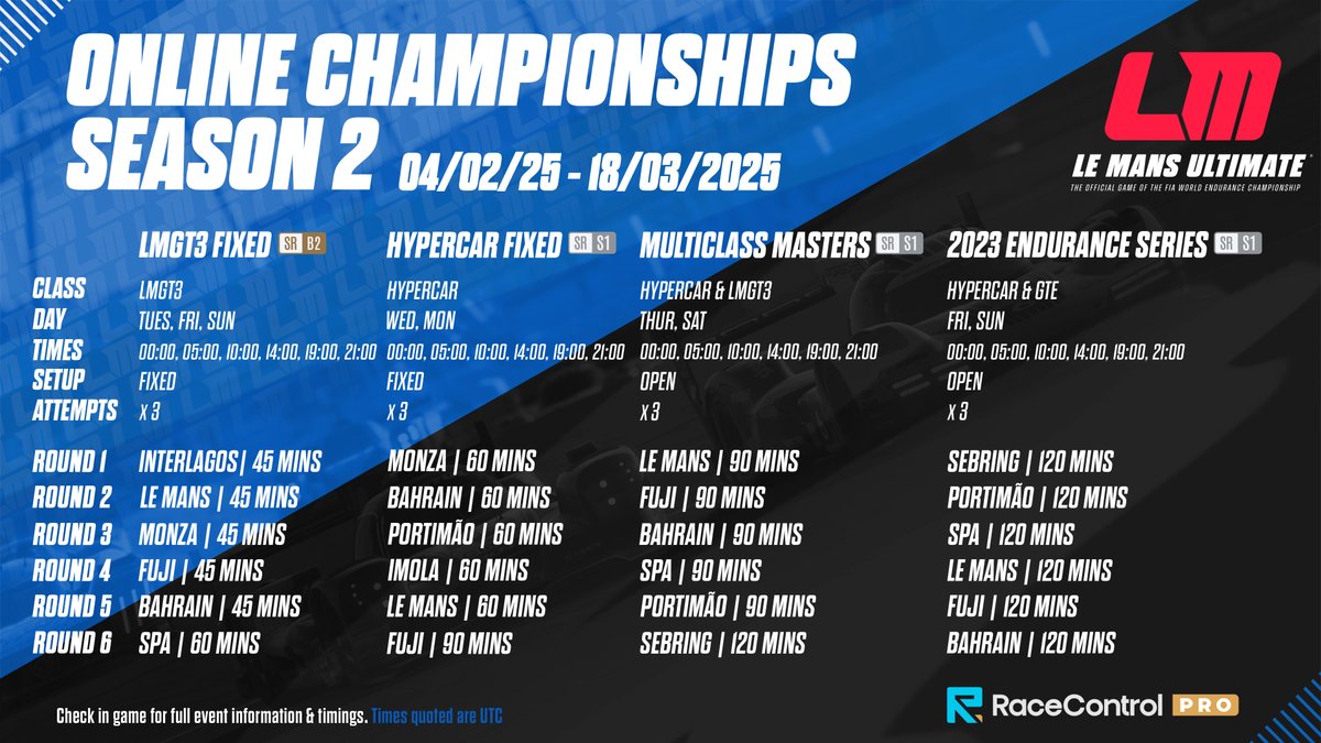 Online Championships 2025 Season 2 is coming 4th February!⏳

New Championships, additional time slots and tweaked rules &amp; schedule promise even more competition on track! 

📰lemansultimate.com/online-champio…

Sign up to RaceControl Pro now at RaceControl.gg and get practicing!