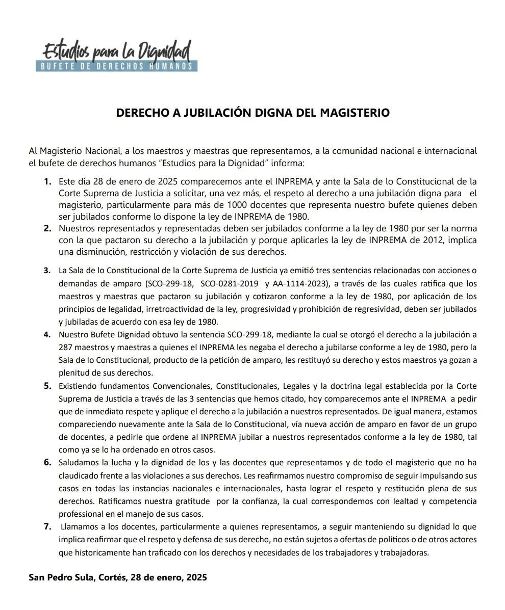 📢🛑 DERECHO A JUBILACIÓN DIGNA DEL MAGISTERIO
 
‼️ Al Magisterio Nacional, a los maestros y maestras que representamos, a la comunidad nacional e internacional el bufete de derechos humanos “Estudios para la Dignidad” informa: