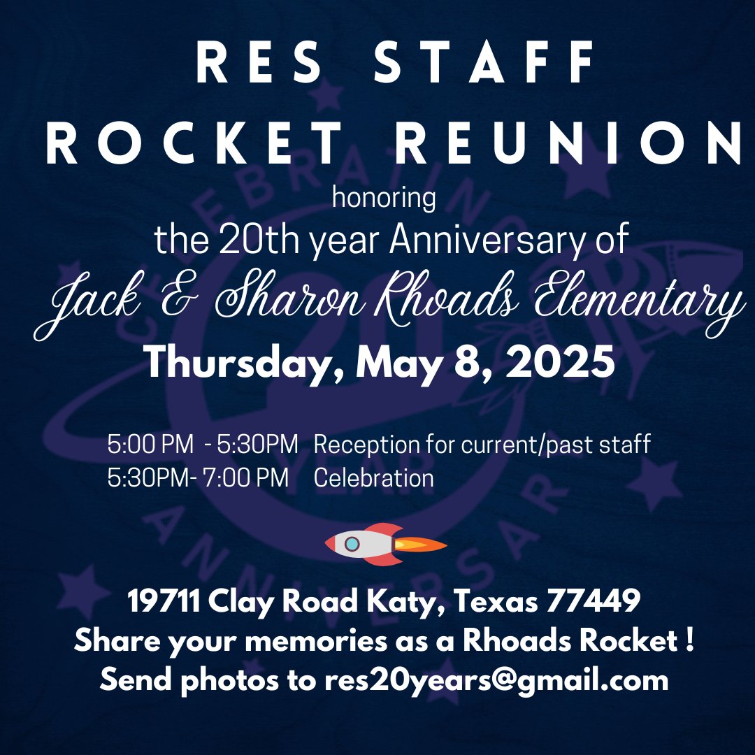 🚨🗣️Calling all current and former Rhoads staff! Join the celebration in honor of our 20th anniversary!🎉🎈🥳🪩 <a href="/katyisd/">Katy ISD</a> 
#RhoadsRockets🚀