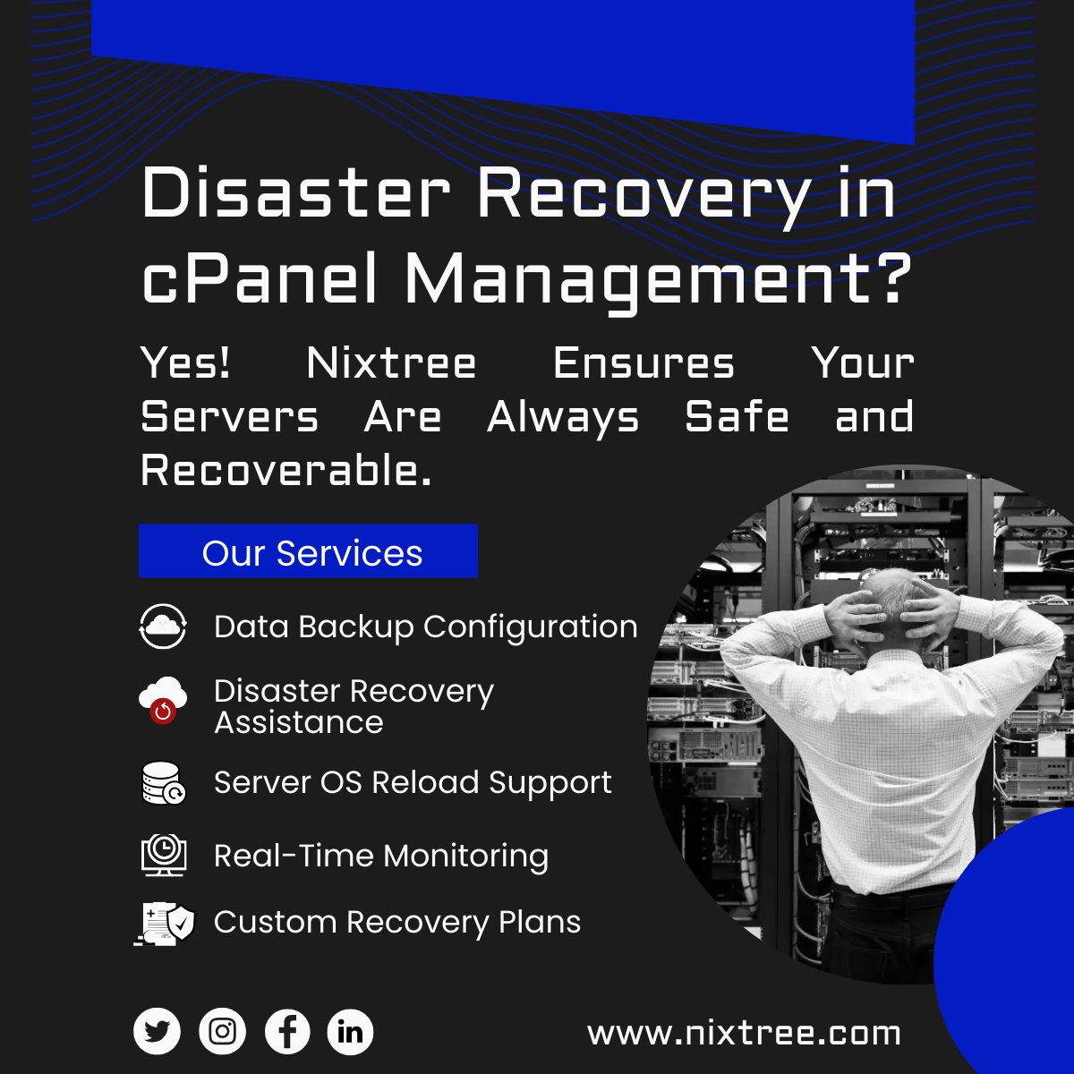 nixtree's tweet photo. 🛡️ Disaster Recovery Made Simple with Nixtree's cPanel Server Management! 🛡️
💻Explore our services: https://t.co/iq4y3CBQjH
#cPanelManagement #DisasterRecovery #ServerManagement #DataProtection #NixtreeSolutions #ServerSecurity #CloudHosting #BusinessContinuity #ITSupport https://t.co/8uPheqtWjh
