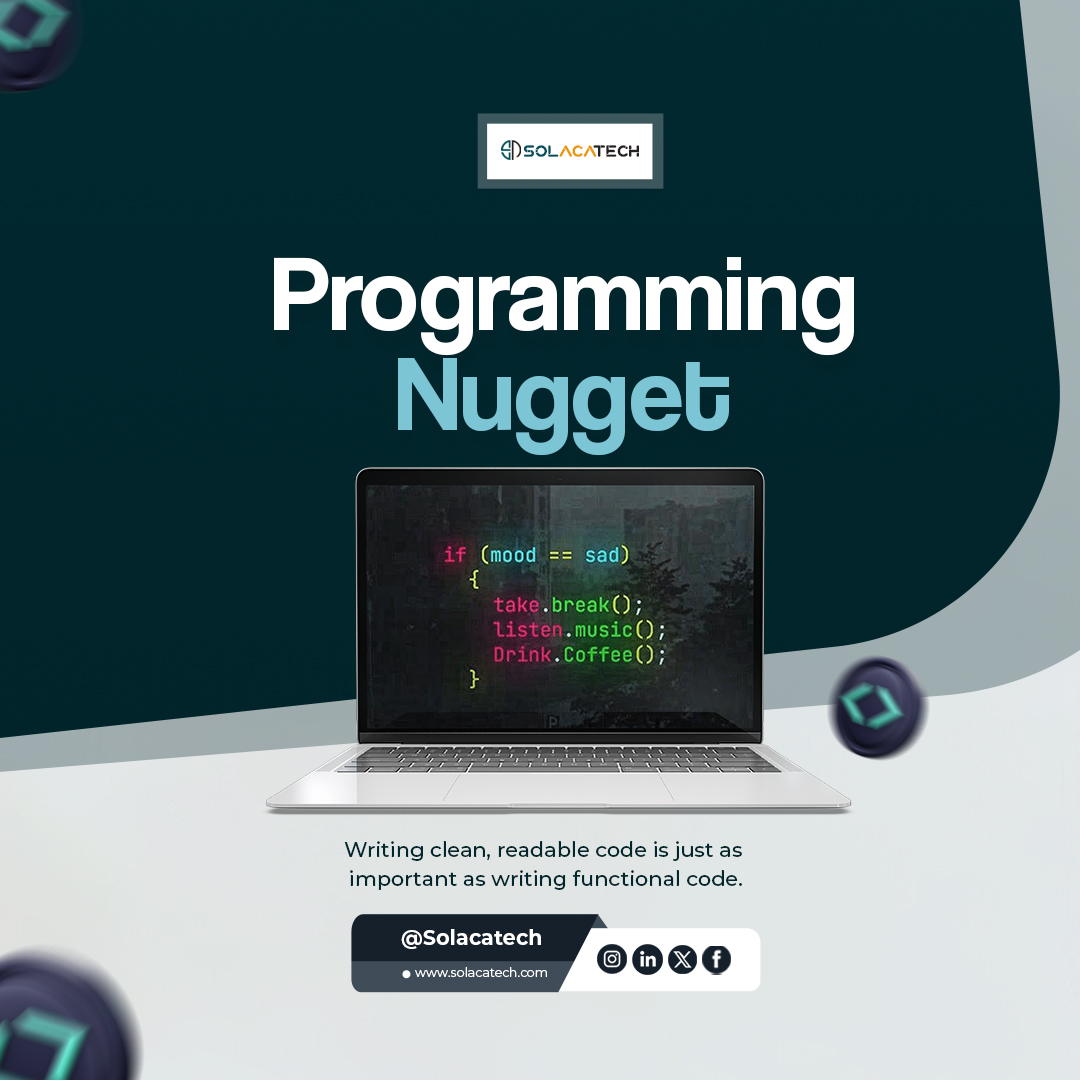 solacatech's tweet photo. Clean code makes it easier to understand, maintain, and debug, saving time and effort in the long run.

Remember, your future self and your team will thank you for it!
#programming #cleancode #codelife #solacatech https://t.co/pgXk0u8fw7