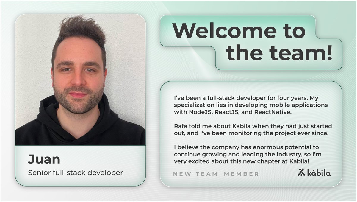 📢 Kabila is firing on all cylinders - Another full-stack developer joins the team! 

Meet Juan, our newest team member. 👋

Juan has four years of experience as a full-stack developer and a degree in business administration and management. 

He specializes in creating mobile