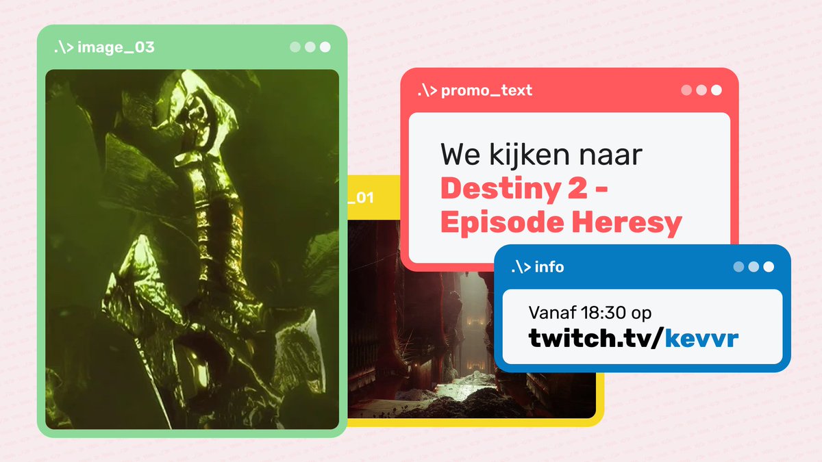 KevvR's tweet photo. Zin in vanavond, want dan leren we meer over Destiny 2 - Episode Heresy! Ik kijk de devstream live op mijn kanaal en spreek na met de clan - plus ik mag wat Tower Pamphlet emblems weggeven. Vanaf 18:30 live op https://t.co/2QPoTKDW4H 🎉 https://t.co/cmxIVUaXSh
