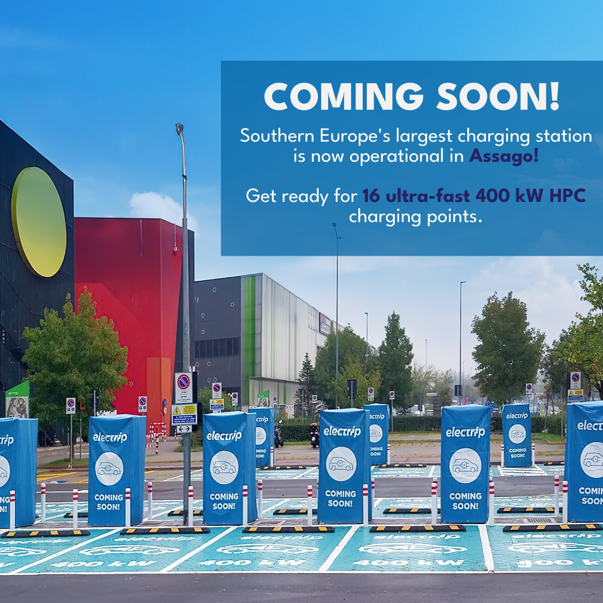 electripglobal's tweet photo. Southern Europe's largest charging station is now in Assago! 🎉
16 HPC chargers, 400 kW each, for Hyperfast Recharges. ⚡
Electrip is powering Italy with innovation! https://t.co/SyKcK0185V