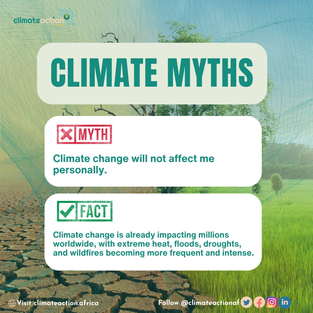 Think Climate Change Won’t Affect You?
Think Again!

Extreme heat, floods, droughts, and wildfires are becoming more frequent and intense and no one is immune. 

It’s time to take action.
What are you doing to protect our planet?

Learn more: climateaction.africa/common-myths-i…