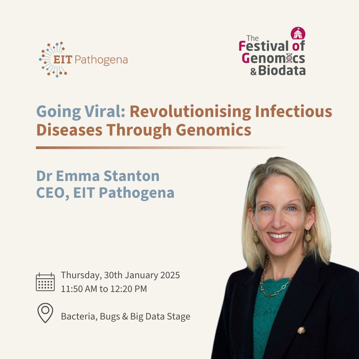Join us for a 30-minute talk by our CEO, Dr Emma Stanton, at the Festival of Genomics in London #FOG2025.  📅 Date: Thursday, January 30, 2025 ⏰ Time: 11:50 AM – 12:20 PM 📍 Stage: Bacteria, Bugs &amp; Big Data