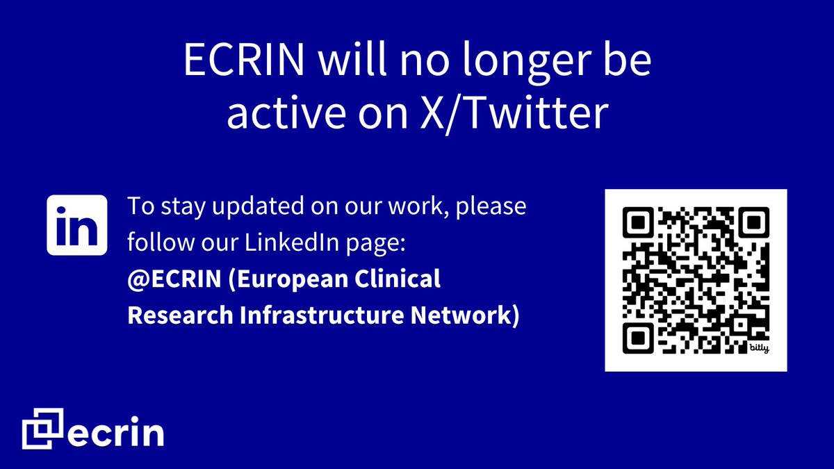 ECRIN_ERIC's tweet image. ECRIN will no longer be posting on X.
We are suspending posting updates and will not be responding to queries on this platform.
To stay updated on our work, you can:
Follow our LinkedIn linkedin.com/company/ecrin/
Subscribe to our newsletter
ecrin.us12.list-manage.com/subscribe?u=83…