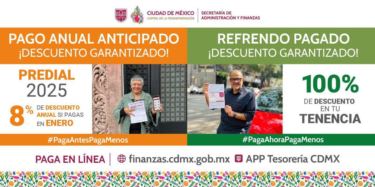 Alcaldia_Coy's tweet photo. ¡Vecina, vecino, aprovecha los descuentos de este 2025 en @Finanzas_CDMX! 

🏡✅ Predial: 8% de descuento en el pago anual anticipado en enero.

🚗✅ Tenencia: 100% de descuento en tu tenencia al cubrir el refrendo del 1 de enero al 31 de marzo. 

Es fácil y seguro en https://t.co/3j26Mtk2cJ o en la app Tesorería CDMX desde donde estés.
