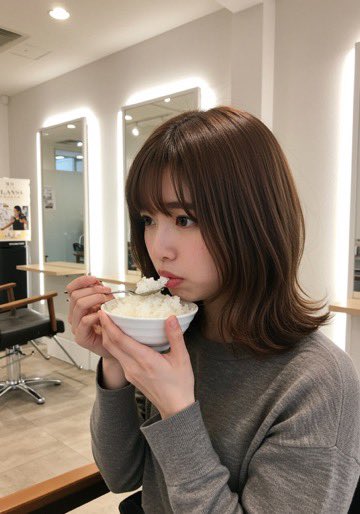 iwata_marketer's tweet photo. 美容室内で女の子が茶碗で白米食ってるという違和感。この違和感を楽しめるのがAI https://t.co/DgKA13pRjq