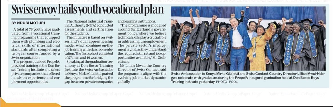 Embassy of Switzerland in Nairobi (@swissembassyke) on Twitter photo 🎉Congrats to 76 graduates of PropelA, a vocational training program at Don Bosco Training Institute 🇰🇪, supported by <a href="/Swisscontact/">Swisscontact</a>, <a href="/HiltiFoundation/">Hilti Foundation</a>, <a href="/GeberitGroup/">Geberit Group</a> & <a href="/nita_kenya/">NITA Kenya</a>. Amb. Giulietti highlighted the 🇨🇭 model’s role in tackling youth unemployment with technical skills. 🎉Congrats to 76 graduates of PropelA, a vocational training program at Don Bosco Training Institute 🇰🇪, supported by <a href="/Swisscontact/">Swisscontact</a>, <a href="/HiltiFoundation/">Hilti Foundation</a>, <a href="/GeberitGroup/">Geberit Group</a> & <a href="/nita_kenya/">NITA Kenya</a>. Amb. Giulietti highlighted the 🇨🇭 model’s role in tackling youth unemployment with technical skills.