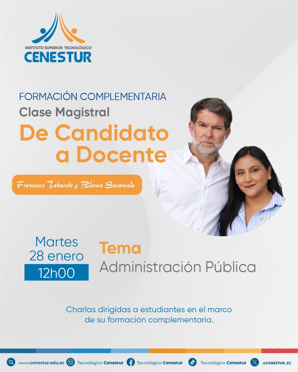 Instituto CENESTUR (@cenestur_ec) on Twitter photo Hoy a las 12h00, nos visitan <a href="/ftabacchir/">Francesco Tabacchi</a> y <a href="/BlancaSaca80809/">Blanca Sacancela</a> para hablarnos de administración pública. En el marco del fortalecimiento de las carreras de Negocios y como parte de la Formación Complementaria.
#Charlas #FormaciónComplementaria #Negocios #AdministraciónPública Hoy a las 12h00, nos visitan <a href="/ftabacchir/">Francesco Tabacchi</a> y <a href="/BlancaSaca80809/">Blanca Sacancela</a> para hablarnos de administración pública. En el marco del fortalecimiento de las carreras de Negocios y como parte de la Formación Complementaria.
#Charlas #FormaciónComplementaria #Negocios #AdministraciónPública