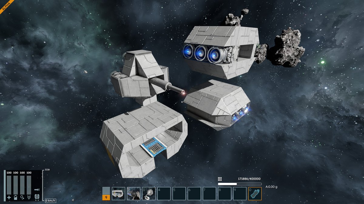 ymd147258369's tweet image. #SpaceEngineers2 
遊べるようになったので、さっそくブループリントをブロックと同じように扱える機能を試した
こんな感じに船のモジュールを作って、組み合わせるだけでそれっぽい船が組み立てられるぞ～！