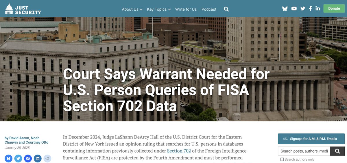 just_security's tweet photo. 1/2 In Hasbajrami, EDNY is the first court to rule that US person queries of #FISA Section 702 data require a warrant or exception to the warrant requirement to satisfy the 4th Amendment.

@davidcaaron, @NoahChauvin, & Courtney Otto unpack the opinion and its many implications.

(link in 2/2)