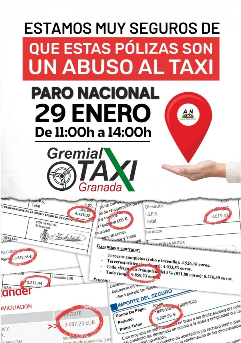 GranadaTaxi's tweet photo. Ante las pólizas abusivas a las que nos enfrentamos a la hora de asegurar nuestros taxis, les informamos que mañana, 29 de enero, PideTaxi Granada se une al paro nacional convocado de 11:00 a 14:00 horas, ofreciendo en este tramo servicios mínimos.
1/2 https://t.co/o0wuvGLvPh