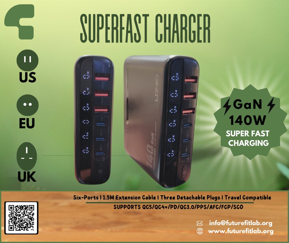 FuturefitLab's tweet photo. Meet the FutureFit GaN 140W Super Fast Charger! With SIX ports and cutting-edge GaN tech, it powers all your devices at lightning speed⚡️
Compact, efficient, and perfect for multitaskers on the go.
Charge smarter, not harder!
Price is N65,000
#FutureFitInnovationLab #140WPower https://t.co/VKBIkVxhGk