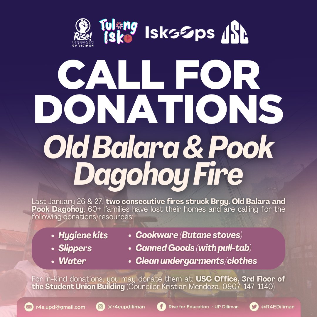 R4EDiliman's tweet photo. #TulongIsko x #Iskoops | Call for Donations Old Balara & Pook Dagohoy Fire
Last January 26 & 27, two consecutive fires struck Brgy. Old Balara and Pook Dagohoy, commuinities within and nearby the UP Diliman Campus where many of our students, jeepney drivers, security guards, https://t.co/GICGRKM5sZ