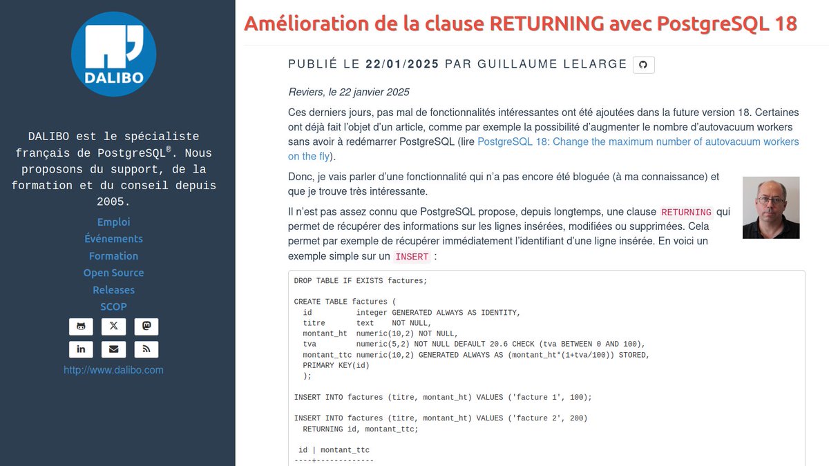 dalibo's tweet image. Où l'on aborde une des nouvelles fonctionnalités de #PostgreSQL18, la clause RETURNING, qui permet de récupérer des informations sur les lignes de table insérées, modifiées ou supprimées => dali.bo/202501_returni…
#PostgreSQL #SGBD #DBA
#opensource #logicielsLibres