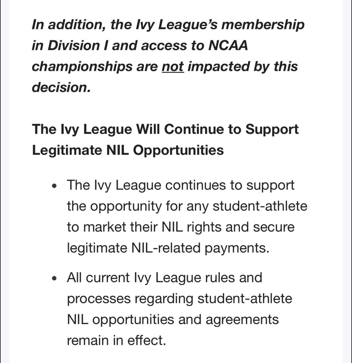 Despite not opting in to rev share, ivies will compete as normal in D1 Championships. Great news/confirmation