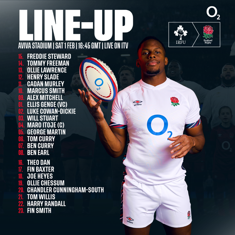 EnglandRugby's tweet photo. Your England team to face Ireland 👊

Steve Borthwick has named his 23-player squad for our #GuinnessM6N opener on Saturday.

@O2 | #WearTheRose | #IREvENG