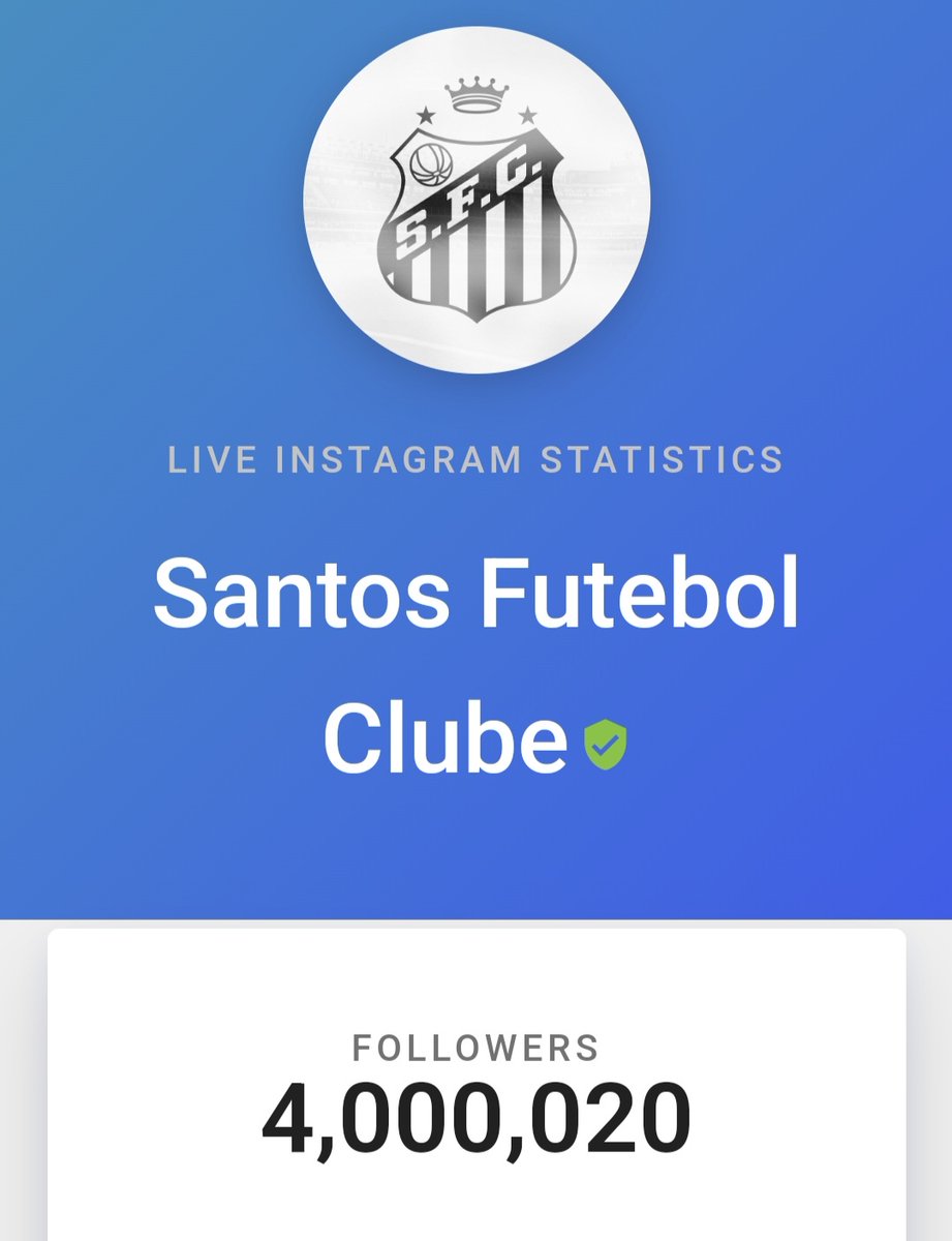 ATENÇÃO! 👇👇👇

O <a href="/SantosFC/">Santos FC</a> acaba de atingir a marca de 4 milhões de seguidores no Instagram.

Ontem, às 20h, eram 3,7 milhões.