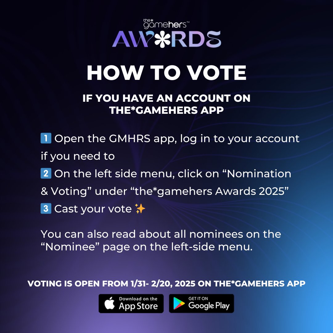 I'm excited to share that I've been nominated for a <a href="/thegamehers/">the*gamehers</a> award in the Community Champions category! #tghawards25

Community Champions: Highlighting community managers, podcasters, shoutcasters, hosts, who create safe, welcoming gaming spaces.
 (Voting details below)

1/2
