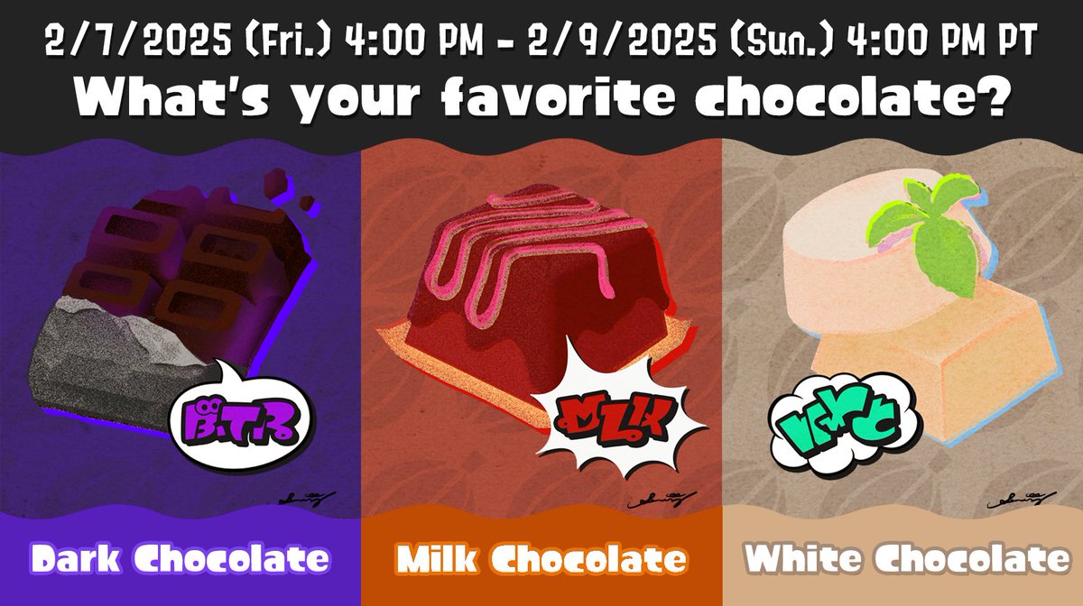 Get ready to double dip chocolate fans! The "What's your favorite chocolate?" Splatfest from 2023 returns, starting 2/7 at 4pm PT to 2/9 at 4pm PT!

White chocolate came out victorious last time, but can dark chocolate or milk chocolate melt the competition this time?