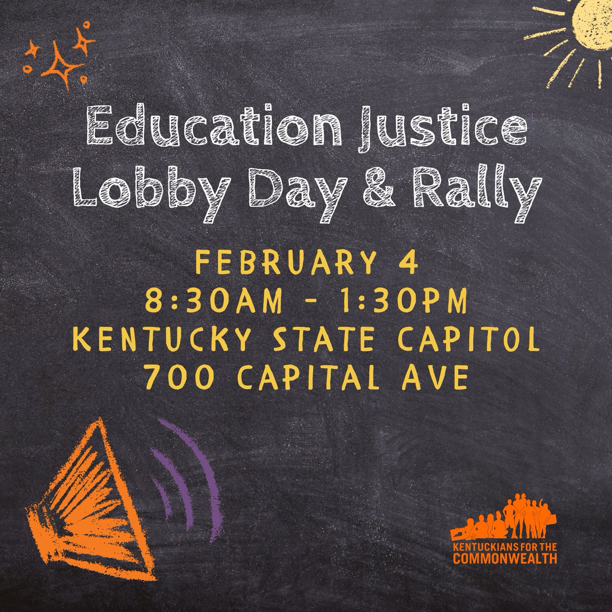 🚨📣 Mark your calendars! Join us on Tuesday, February 4th, from 8:30 am to 1:30 pm EST at the Kentucky State Capitol for our Lobby Day &amp; Rally for Education Justice!

Register here 👉 bit.ly/3WgbGlk