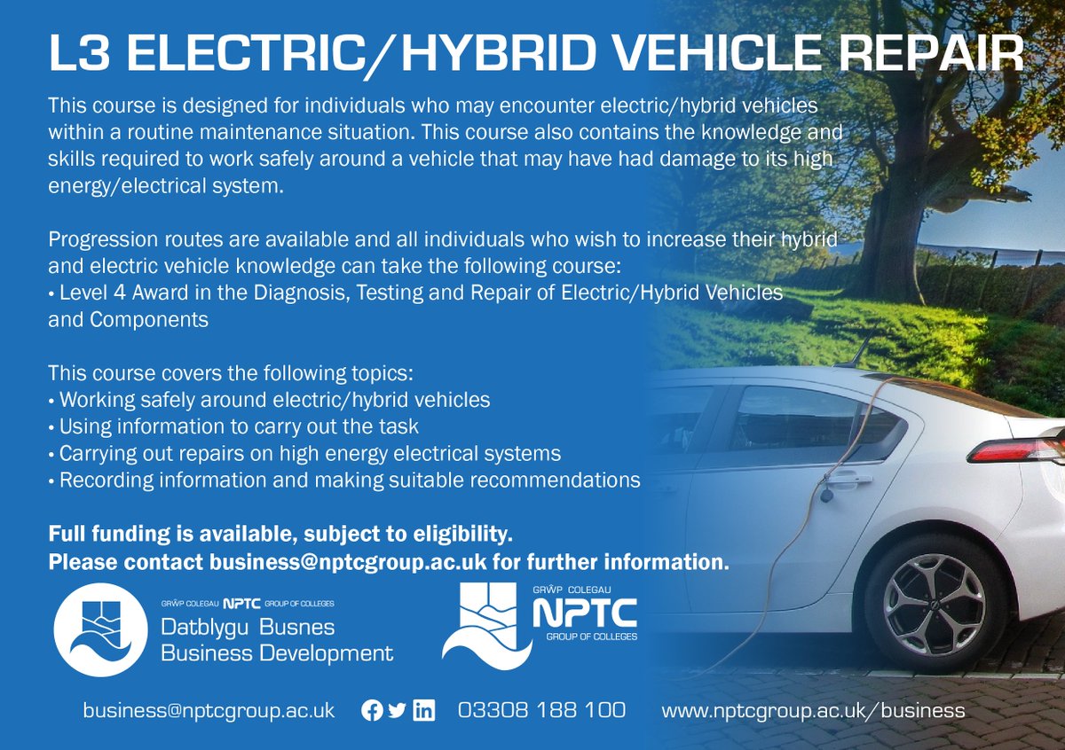 Spaces Available!

We are running a Level 3 Electrical/Hybrid Vehicle Repair and Replacement #course on 05/03/2025. #Funding is available, subject to eligibility!

Find out more: bit.ly/EHVRepairL3
Funding: bit.ly/Funding-Opport…

#hybrid #electricvehicle #repair