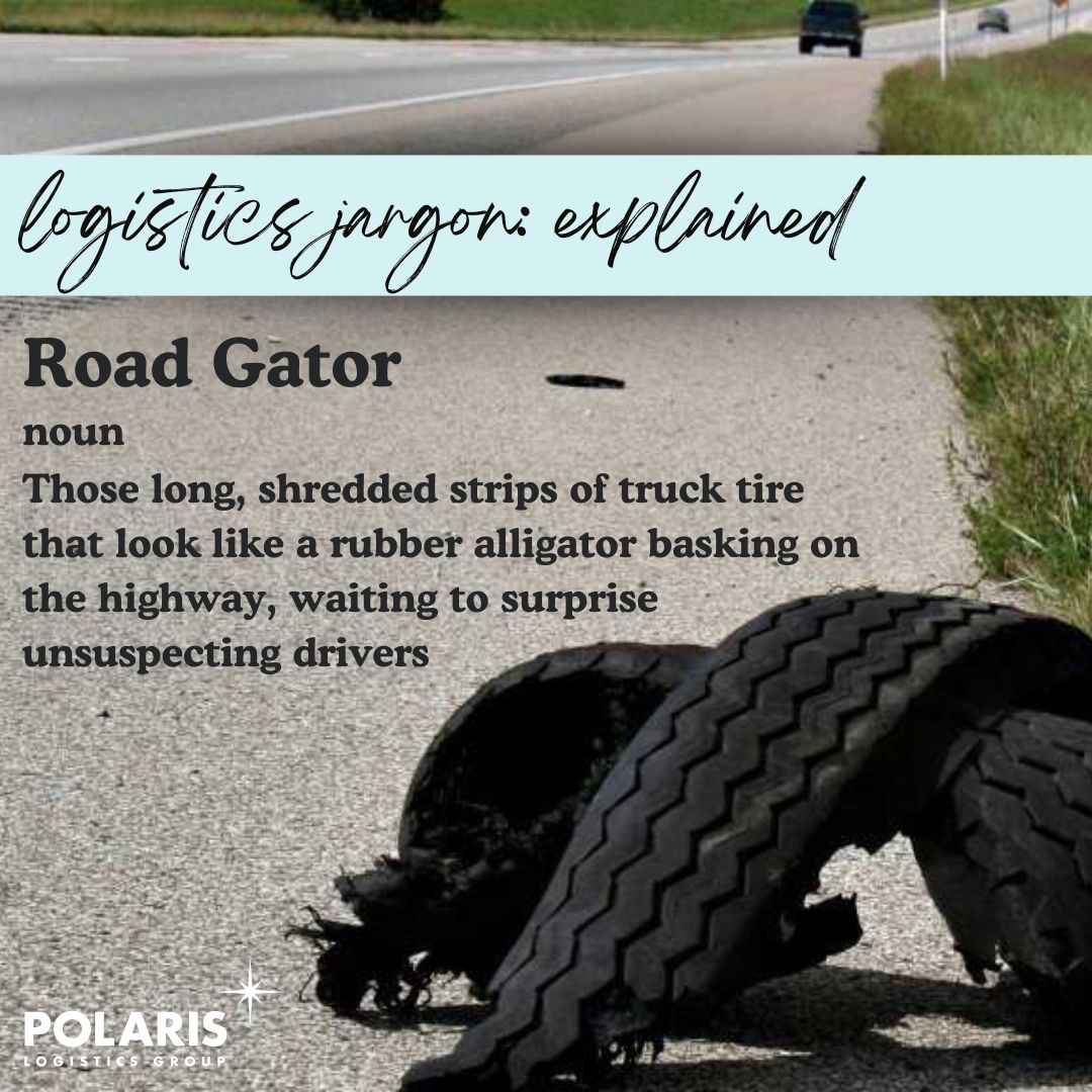 Polaris_LG's tweet image. Ever spotted those long, shredded strips of rubber on the highway? That’s a “road gator”—leftovers from a truck tire blowout! They’re the unexpected “wildlife” of logistics, and we’re here to dodge them so your freight keeps rolling smoothly. 💨 #LogisticsJargon #RoadGator