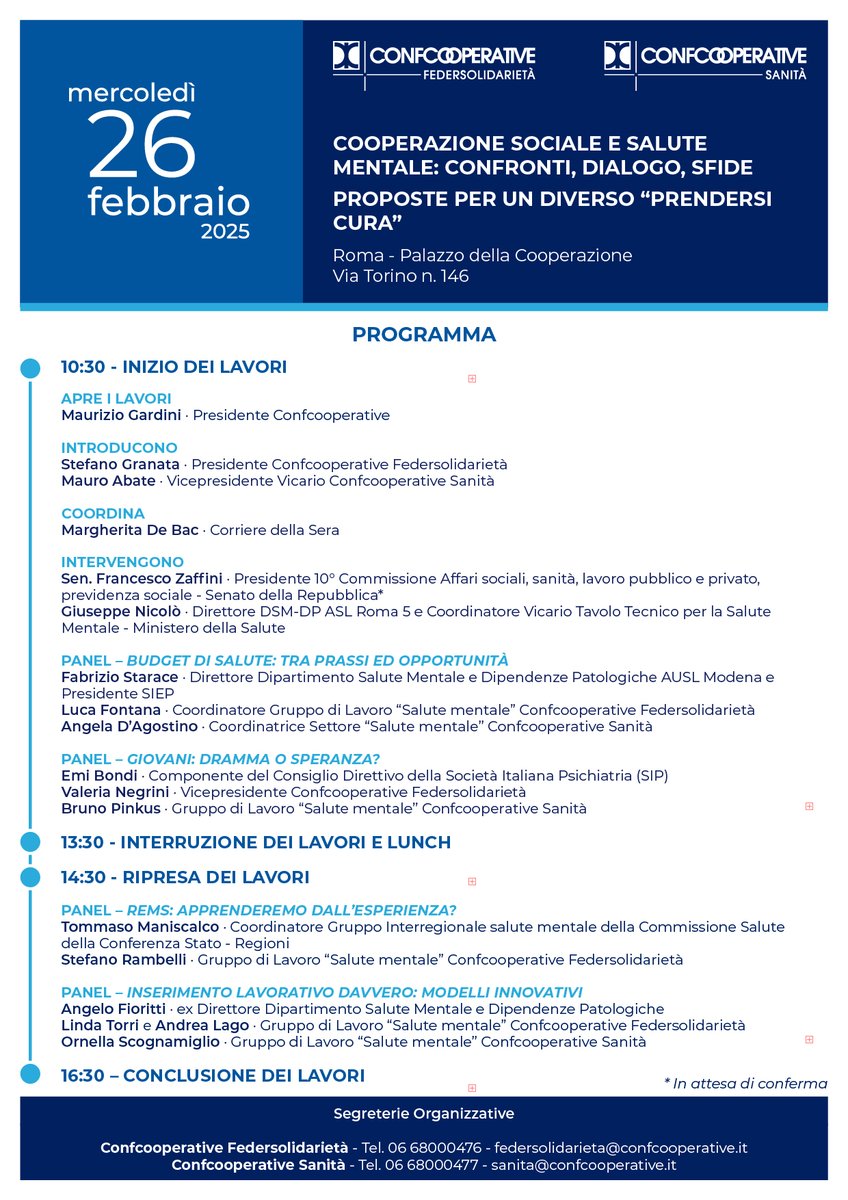 #26febbraio  il Convegno Cooperazione sociale e salute mentale: confronti, dialogo, sfide. Proposte per un diverso “prendersi cura”: informazioni, programma e iscrizioni 
federsolidarieta.confcooperative.it/Le-notizie/Art…