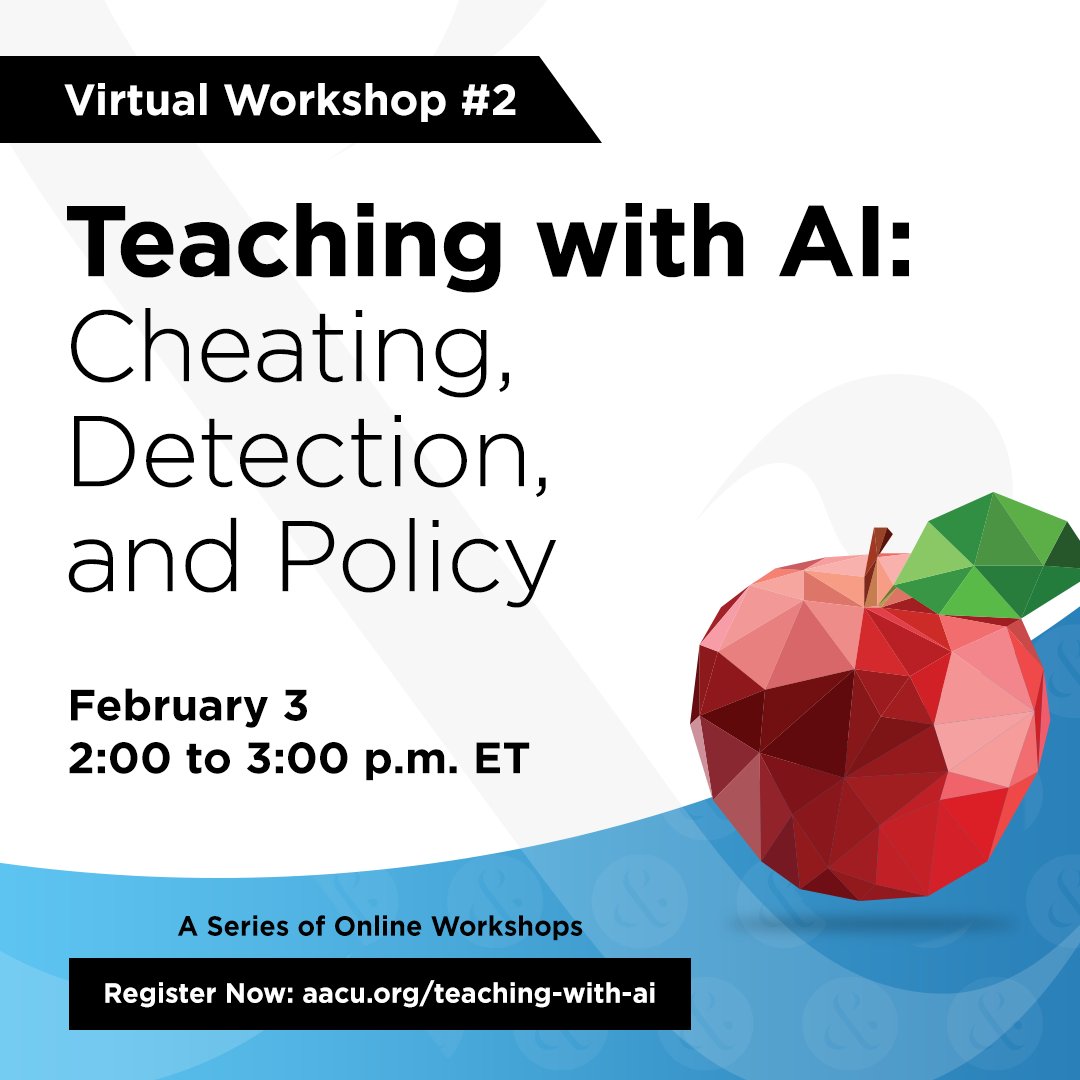 AAC&U (@aacu) on Twitter photo Join <a href="/eddiewatson/">Eddie Watson</a> and <a href="/josebowen/">Jose Antonio Bowen</a> on February 3 for the AAC&U “Cheating, Detection, and Policy” virtual workshop, where you will learn practical strategies for addressing #AI in student work. Details: ow.ly/LZqn50UJRX4 Join <a href="/eddiewatson/">Eddie Watson</a> and <a href="/josebowen/">Jose Antonio Bowen</a> on February 3 for the AAC&U “Cheating, Detection, and Policy” virtual workshop, where you will learn practical strategies for addressing #AI in student work. Details: ow.ly/LZqn50UJRX4