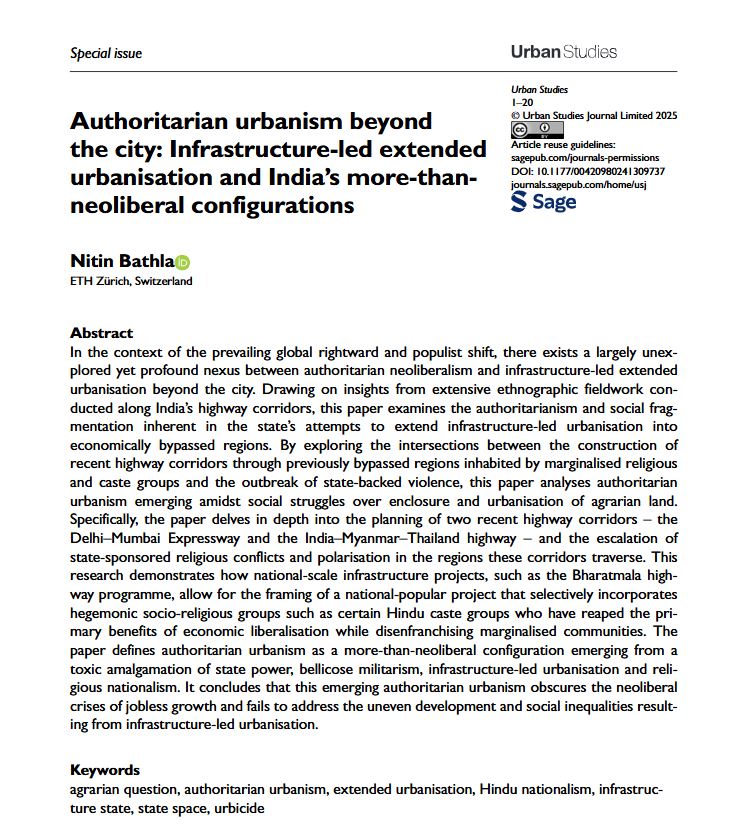 New #OpenAccess special issue paper by <a href="/nitin_bathla/">Nitin Bathla @nitin-bathla.bsky.social</a>: Authoritarian urbanism beyond the city: Infrastructure-led extended urbanisation and India’s more-than-neoliberal configurations.
ow.ly/uytx50UNGj8
#HinduNationalism #urbicide #AgrarianQuestion