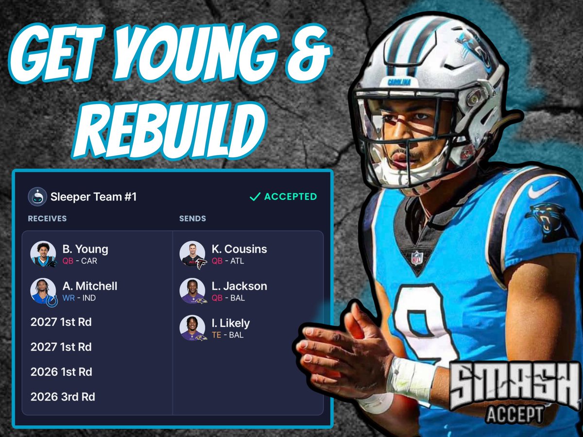 Back to Back High Points &amp; 3rd Place but aging w/o picks Dynasty Purgatory

12 Team SF: Mini Rebuild Move
📦Lamar Jackson/Cousins/Likely
💰Bryce Young/mid 26 1/my 27 1/mid 27 1 and Adonai Mitchell/26 3 as a sweetener to the deal

Thoughts?

Full Rebuild Process &amp; YouTube ⬇️