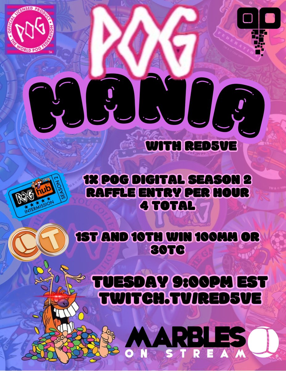 POG-MANIA tonight 1/28/25 9:00pm EST - Roll some Marbles with the #RedFam and come collect your POG Season 2 Raffle Entry phrase. 1/hour - 4 total. Win MM or TC 1st and 10th place local leaderboard. <a href="/PogDigital/">POG ®</a> <a href="/PixelbyPixelStu/">Pixel by Pixel Studios</a> twitch.tv/Red5ve