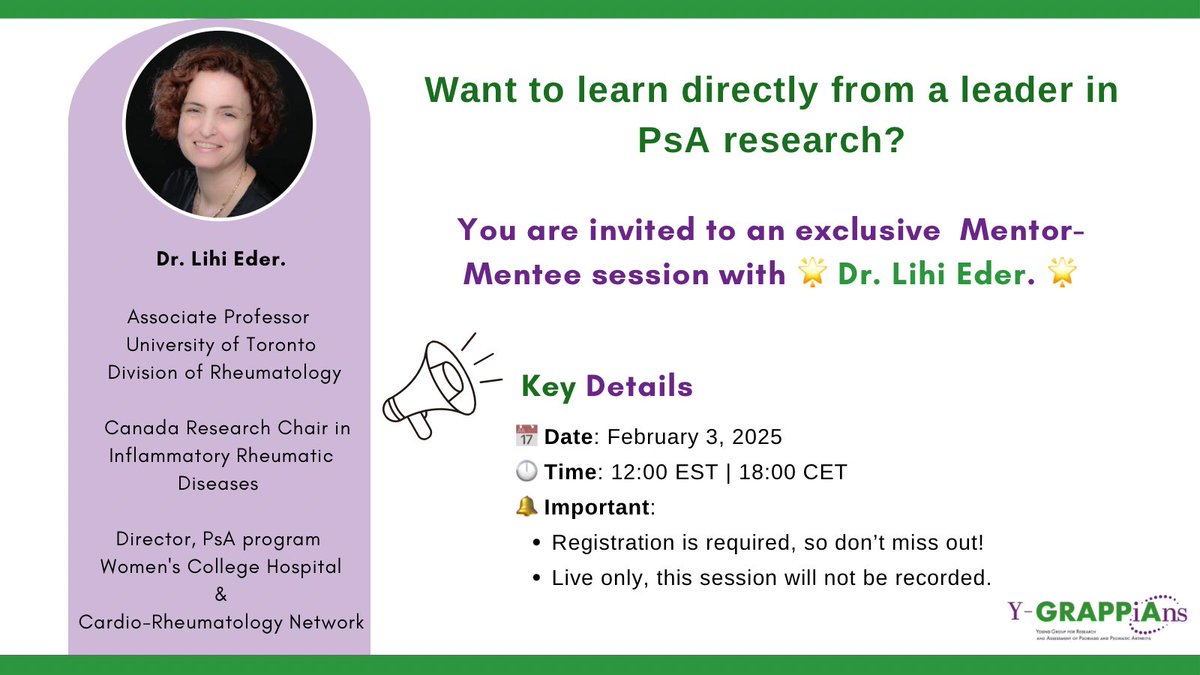 📣Want to learn directly from one of the leaders in PsA research?

🎓✨ Exclusive Mentor-Mentee Meeting! ✨🎓
📅 Date: February 3, 2025
🕛 Time: 12:00 EST | 18:00 CET

Join this unique session with Dr. Lihi Eder, where she will share valuable insights, advice, and experiences to