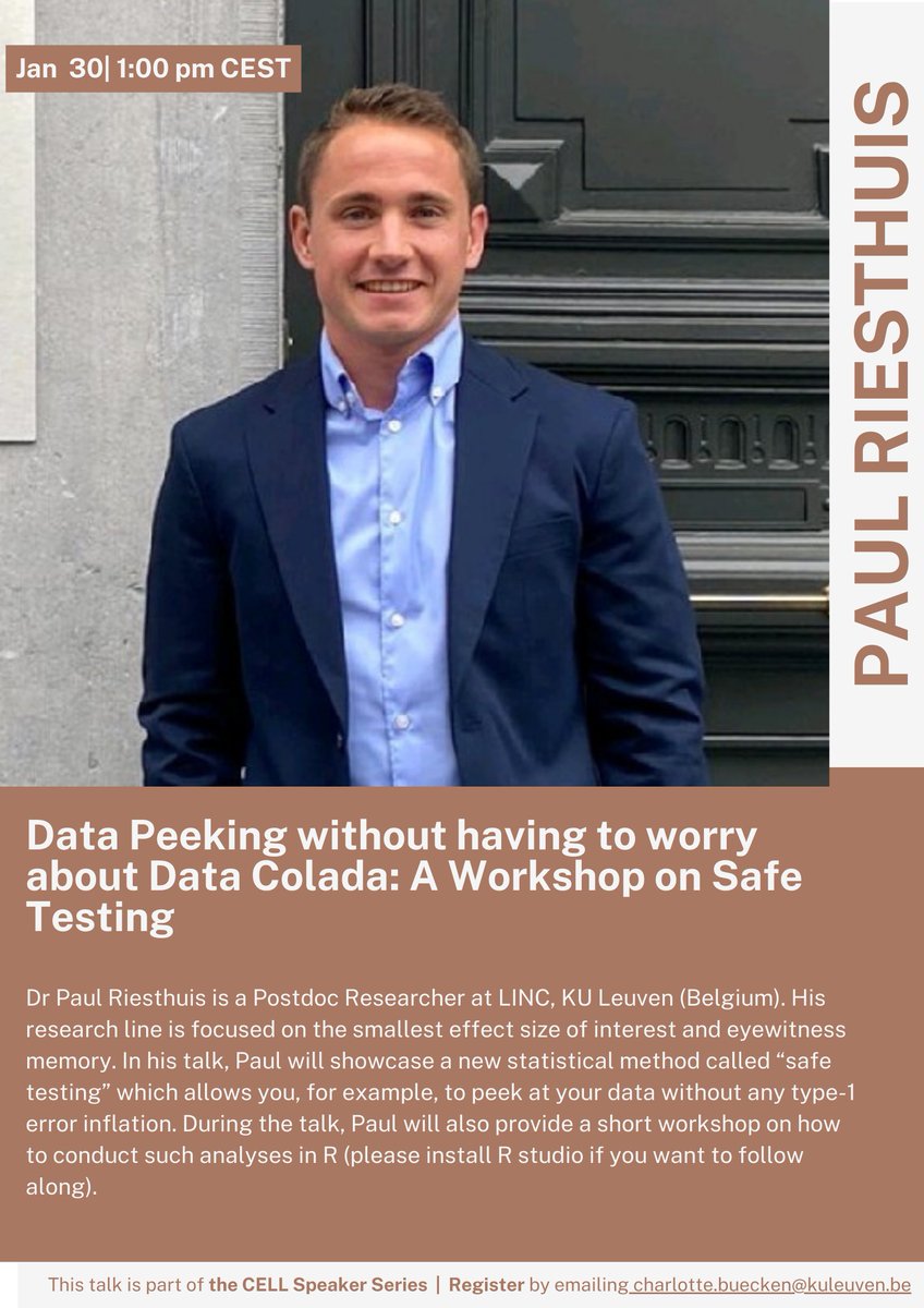 CELL (@cell_kuum) on Twitter photo Join us on the 30th of January at 13:00 CET for another exciting talk and workshop in our CELL speaker series!⚖️
Dr. Paul Riesthuis, our CELL member and Postdoc Researcher at KU Leuven will hold a workshop on Safe Testing! (1/2) @PaulRiesthuis <a href="/HenryOtgaar/">Henry Otgaar</a> Join us on the 30th of January at 13:00 CET for another exciting talk and workshop in our CELL speaker series!⚖️
Dr. Paul Riesthuis, our CELL member and Postdoc Researcher at KU Leuven will hold a workshop on Safe Testing! (1/2) @PaulRiesthuis <a href="/HenryOtgaar/">Henry Otgaar</a>