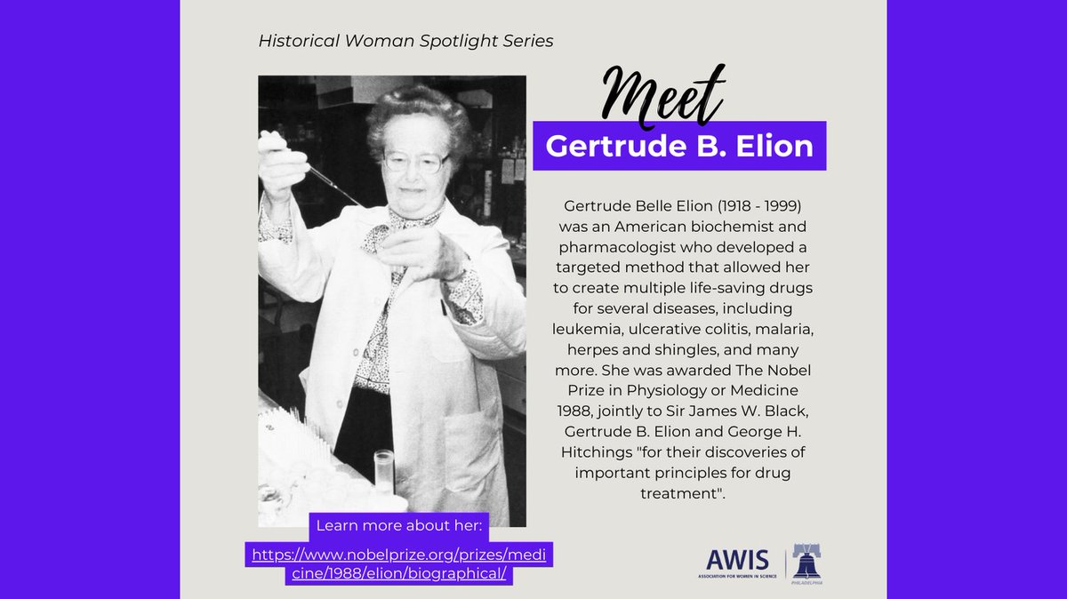 AWISPHL's tweet image. Gertrude B. Elion developed a targeted method to created chemical drugs targeting only the pathogens and helped to save thousands of lives. She was awarded with the Nobel Prize in Medicine in 1988. We celebrate her today!
Learn more on: nobelprize.org/prizes/medicin…
